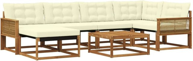 vidaXL Outdoor-Sofagarnitur aus Massivholz Akazie und Textilene in L-Form, 7-teiliges Set mit cremefarbenen Polstern, Natur und Beige - Bild 1