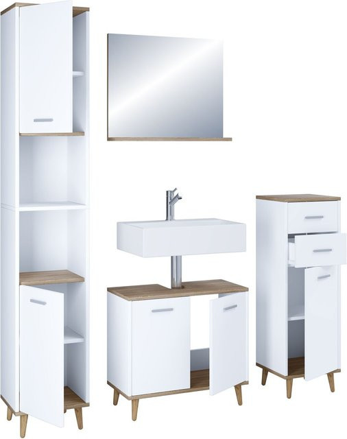 VCM Badmöbelset Landos I in Weiß und Honig-Eiche, 4-teilig bestehend aus Unterschrank, Midischrank, Hochschrank und Spiegel mit ESG-Sicherheitsglas - Bild 1