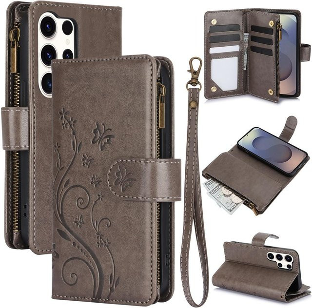 Leder Handyhülle mit Handgelenkschlaufe, Kartenfach und Reißverschluss für Samsung Galaxy S26 S25 Ultra S24 S23 Plus A57 A37 A17 A07 A56 in Braun - Bild 1