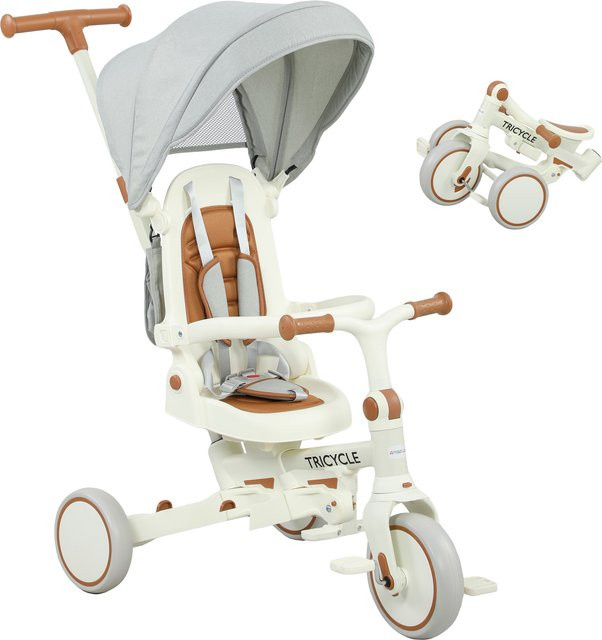 AIYAPLAY 5-in-1 Kinderdreirad mit Schubstange und Sonnendach, faltbar, Cremeweiß - Bild 1