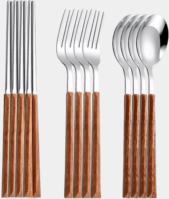 Yiran Furniture Koreanisches Besteckset aus Edelstahl und Holz in Silber, bestehend aus Messer, Gabel, Löffel und Essstäbchen - Bild 1