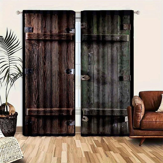 2er-Set Shabby Retro Vorhänge mit Holztür-Design in Braun, semi-transparent, 3D-Digitaldruck, Breite: 100 cm, Höhe: 240 cm - Bild 1