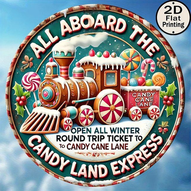Potdemiel Vintage Metall-Wandblechschild Candy Land Express Winter Joy Journey, rund, multicolor, Durchmesser: 20,32 cm - Bild 1