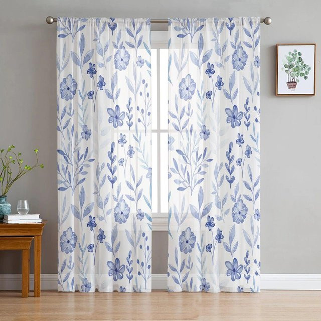 A Family Of Home Textiles Transparenter Chiffon-Vorhang mit lila Aquarell-Blumenmuster, B/H: 135 x 137 cm - Bild 1