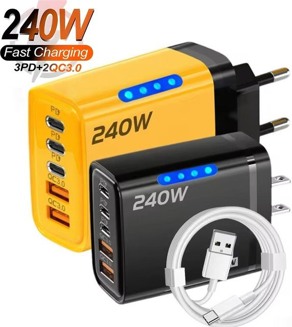 240W 5-in-1 USB-C GaN Desktop-Ladegerät mit 10A Typ-C-Kabel in Gelb für iPhone, Samsung und Xiaomi - Bild 1