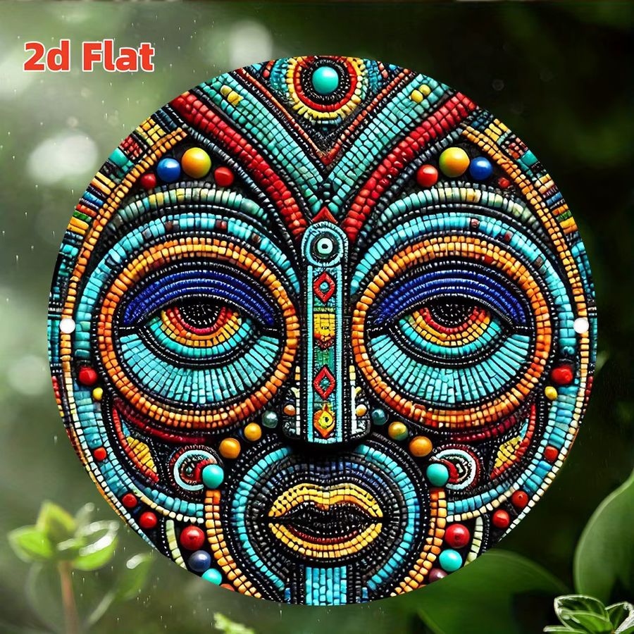 Potdemiel Afrikanische Maske Wandkunst aus Aluminium, Rundes Retro-Dekor mit Perlendesign in Multicolor, Durchmesser: 20 cm - Bild 2