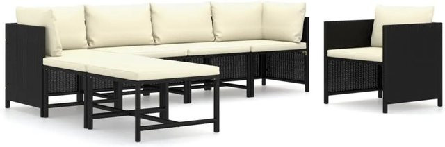 vidaXL 7-tlg Garten-Lounge-Set aus Poly Rattan in Schwarz mit Kissen und Ottoman im L-Shape Design - Bild 1