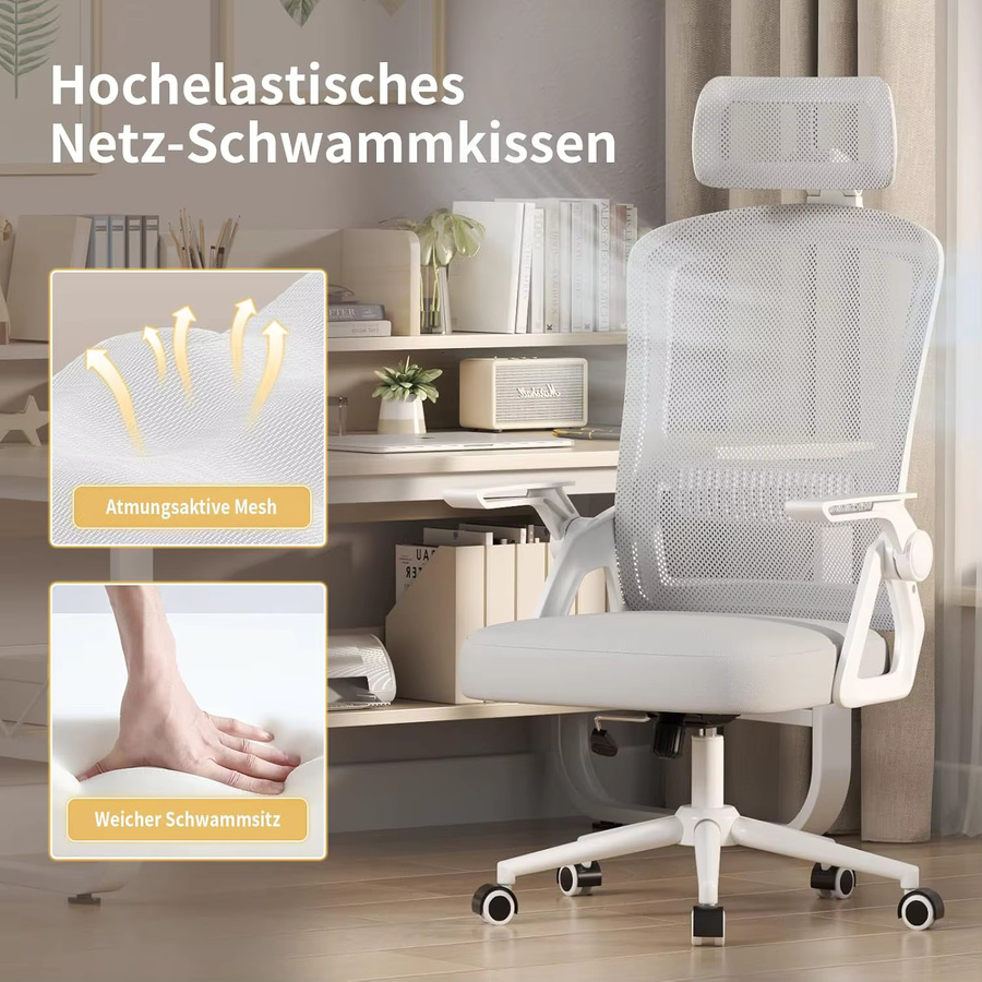 GartistGO Ergonomischer Schreibtischstuhl in Schwarz mit Kopfstütze, atmungsaktiver Netzbespannung und Armlehnen, moderner Drehstuhl für Home Office - Bild 2