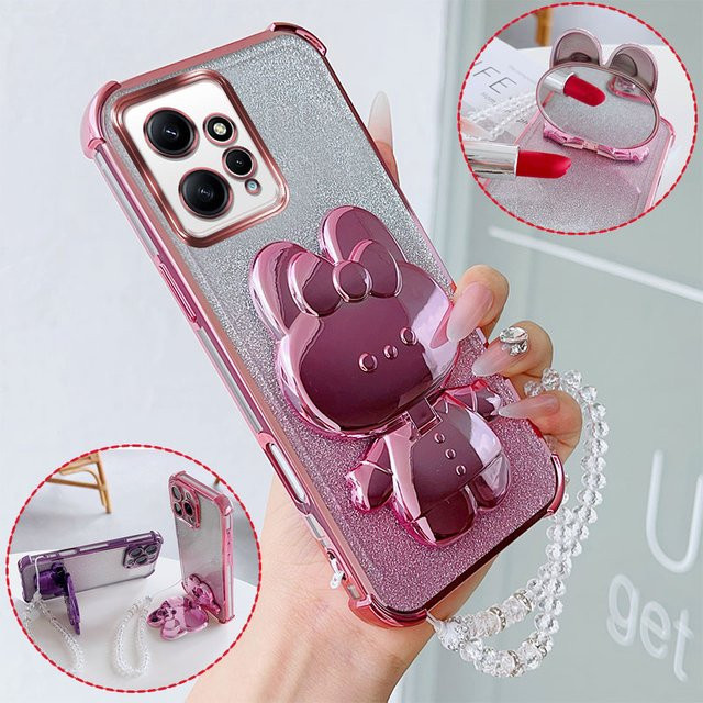 Stoßfeste Handyhülle von LIEI mit Hasen-Make-up Design, Schwenkständer und Kristall-Lanyard für Redmi Note 12 Pro 4G 5G Note12S in Schwarz - Bild 1
