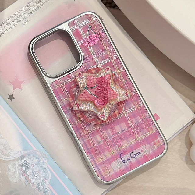 MUQGEW Magnetische iPhone Schutzhülle mit Kirschblüten und Gittermuster in Pink für iPhone 17 16 15 14 13 12 Pro Max stoßfest - Bild 1