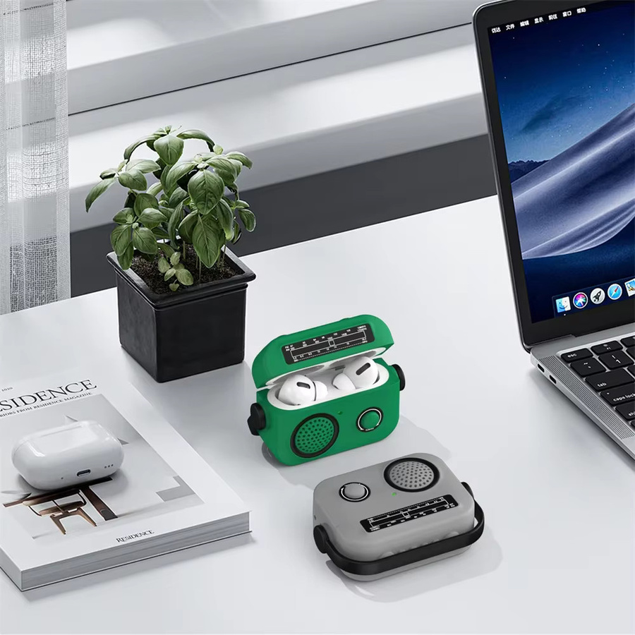 Stoßfeste Silikon-Schutzhülle im Cartoon Radio Design für Apple AirPods 1, 2, 3, 4 sowie Pro und Pro 2 (2021 & 2024 ANC), Farbe: Grau - Bild 5