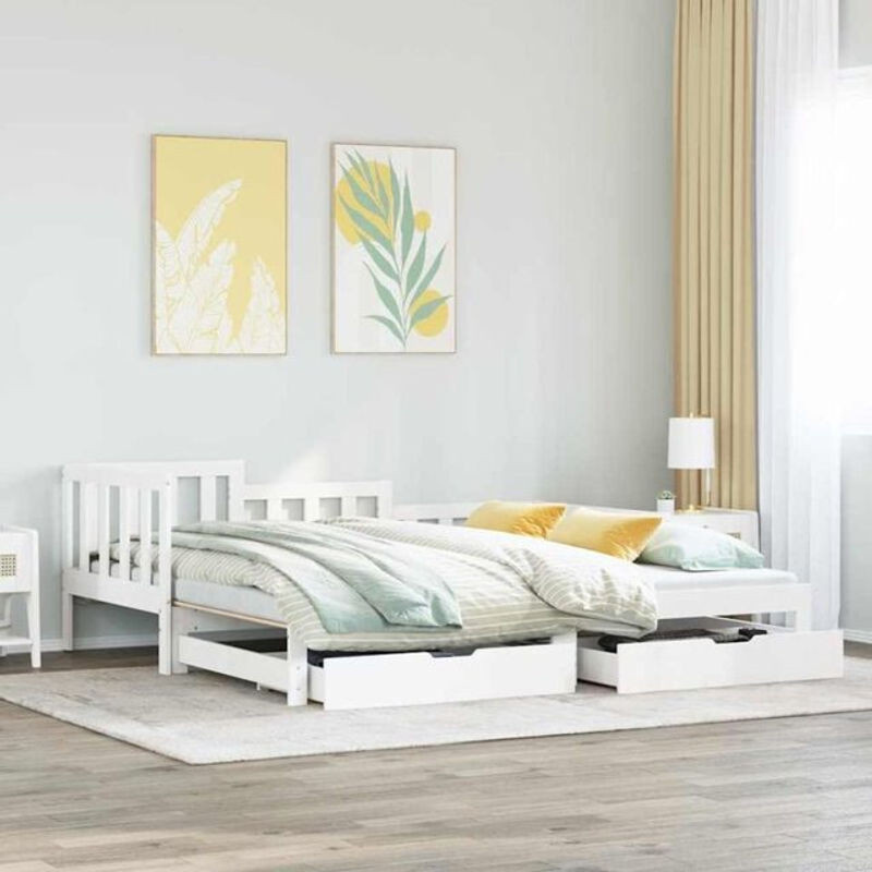 Vidaxl Massivholzbett aus Kiefer als ausziehbares Tagesbett mit Schubladen in Weiß B/T/H: 90 x 190 cm - Bild 1
