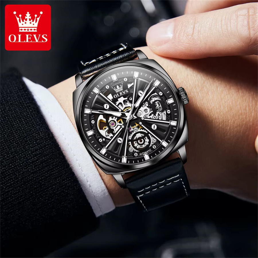 OLEVS Armbanduhr, Automatik, Leder, Schwarz, Gold, Bicolor, Herren - Bild 4