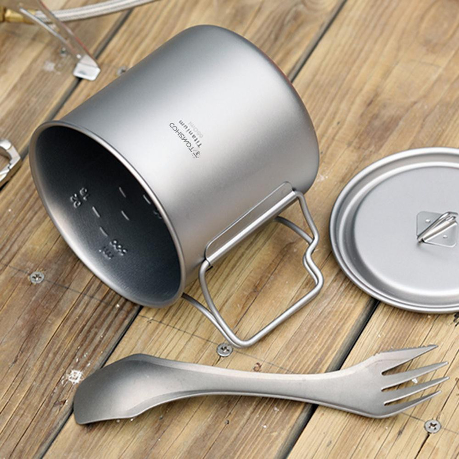 TOMSHOO Ultraleichter Titanbecher Set für den Außenbereich, 2-teilig, Silber, 350 ml und 750 ml mit faltbarem Griff - Bild 2