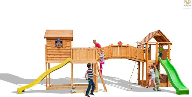 Fungoo Spielturm Maxi Set Sized Plaza My Side Fortress Toybox in Teak mit 2x Rutschen, 2x Spieltürmen, Verbindungsbrücke, Leiter, Kletterseil und Kletterwand - Bild 1