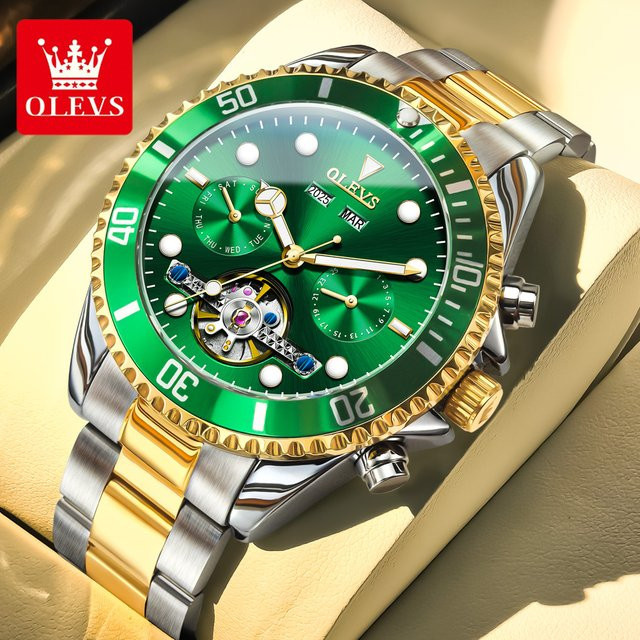 OLEVS Armbanduhr Automatik, Edelstahl, Grün, Gold, Herren - Bild 1