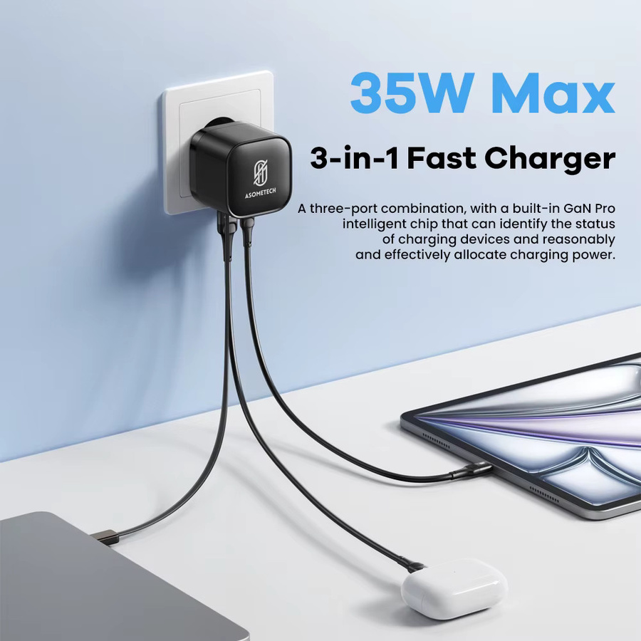 ASOMETECH 35 W GaN USB-C Ladegerät mit einziehbarem Typ-C-Kabel, 3 USB-Anschlüsse PD3.0 QC3.0 PPS Schnellladegerät, Schwarz - Bild 2