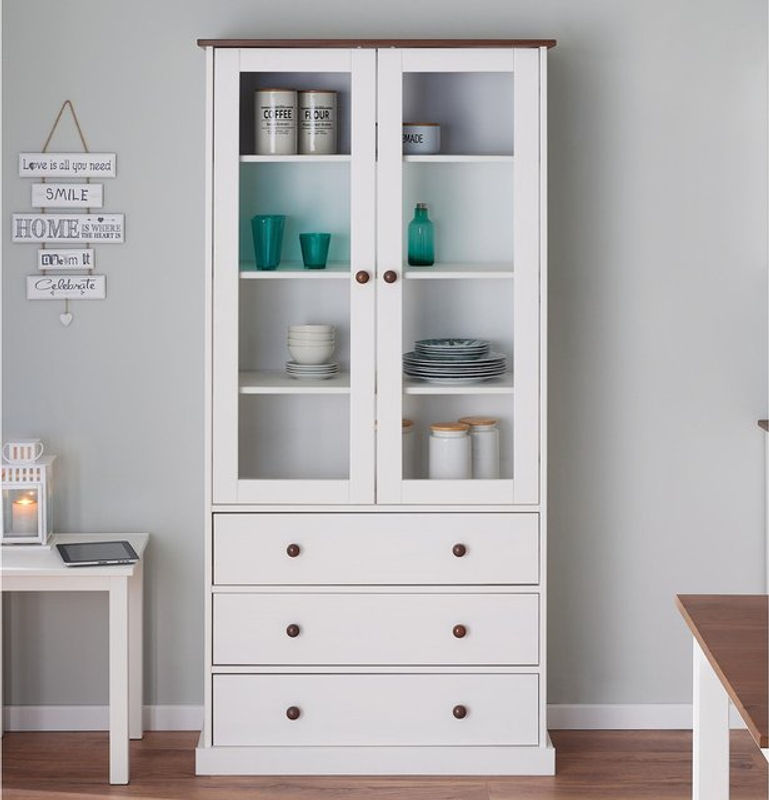 INTER LINK Vitrinenschrank Westerland im Landhausstil aus massivem Kiefernholz, Weiß/Braun, H: 190,0 cm, B: 50,55 cm, T: 38,4 cm - Bild 4