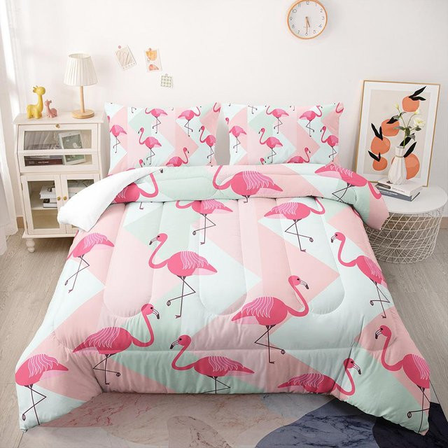 Bettwäsche-Set mit Cartoon-Flamingo und tropischem Palmenmuster, bunt, 3-teilig aus Polyester, B/H: 155 x 220 cm - Bild 1