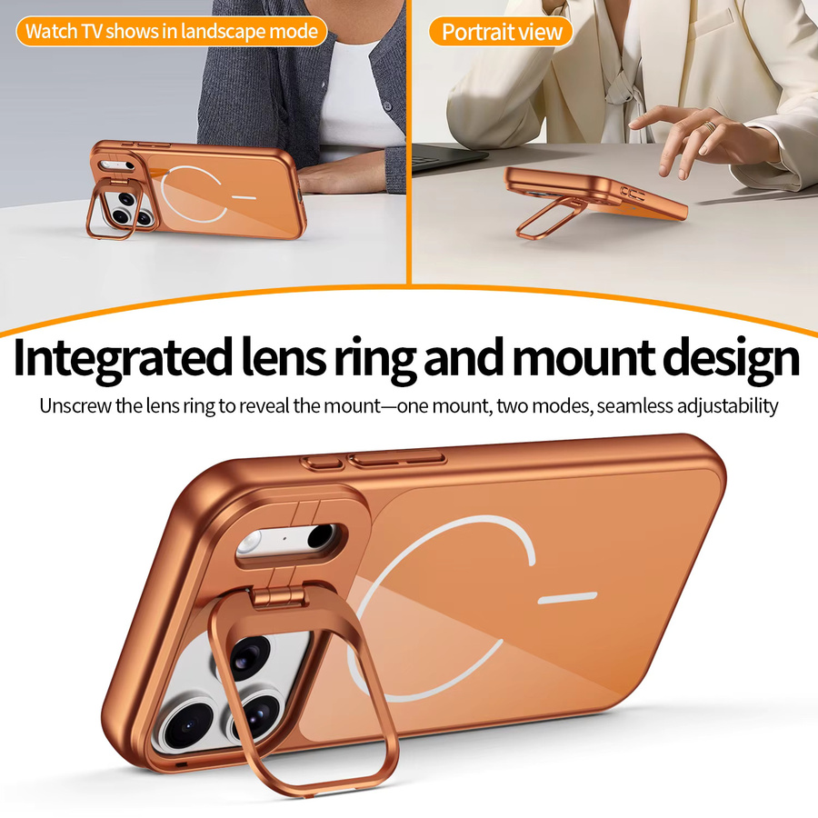 MagSafe Magnetische Kameraschutz-Handyhülle mit Ständer für iPhone 17 16 15 14 13 Pro Max in Orange mit stoßfester Glasrückseite - Bild 2