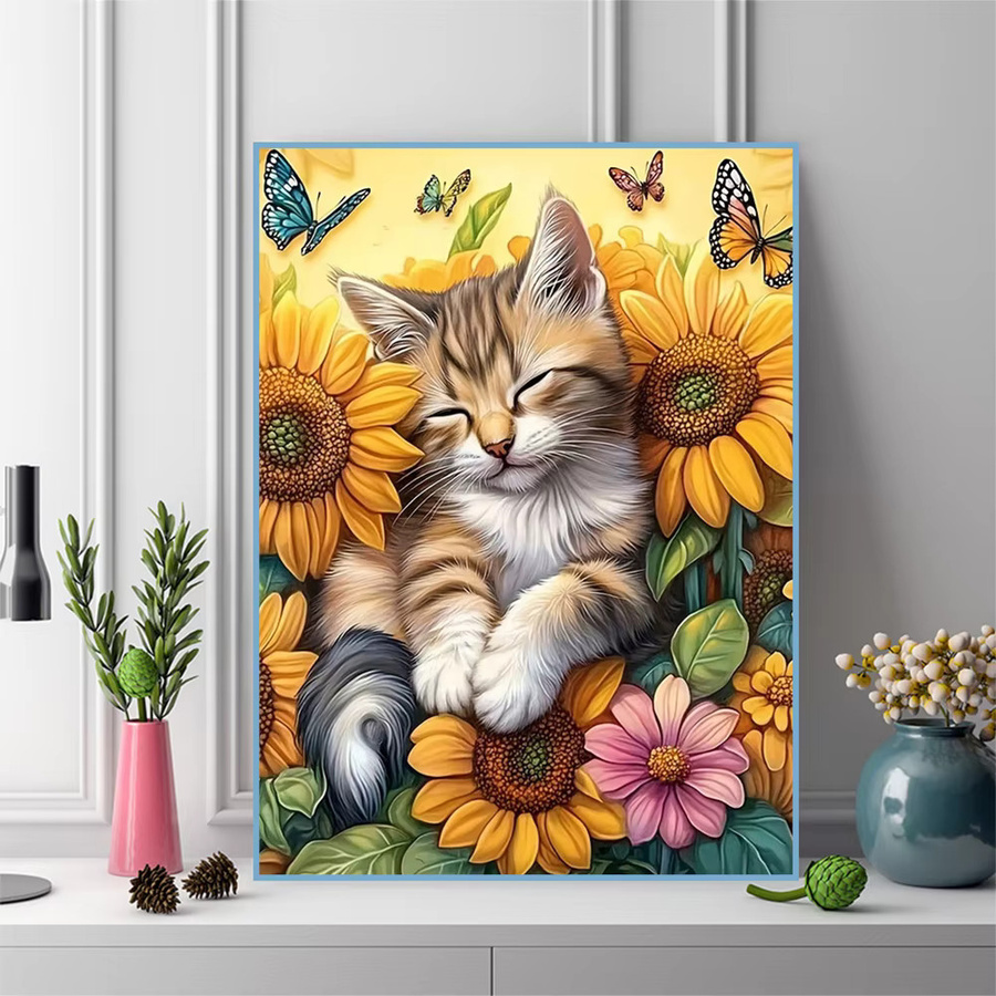EverShine Diamant-Stickerei Set mit Katzenbild und floralen Motiven, Wandkunst als Mosaik in Multicolour, B/H: 30 x 30 cm - Bild 3