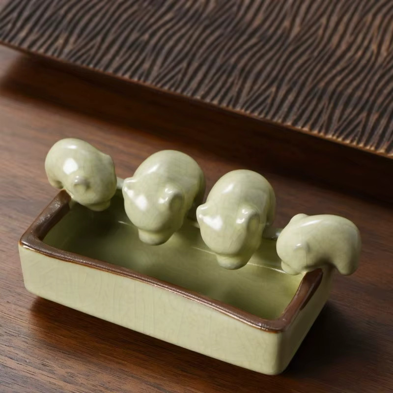 Ru Kiln Tea Pet Set 4 mit Crackle Glaze Schweinen in Grün für die Kung Fu Teezeremonie aus Keramik - Bild 2