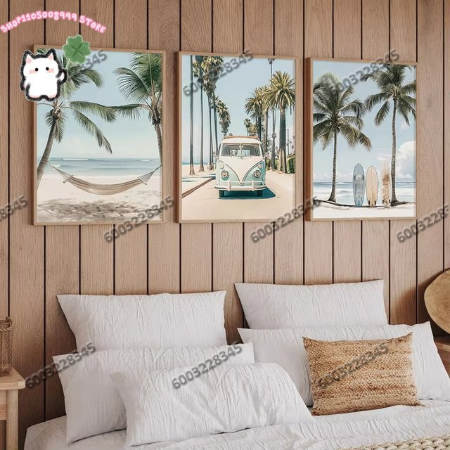 3-teiliges rahmenloses Wandbild Set mit tropischen Surfboards von Potdemiel in Blau und Multicolour für maritime Raumdekoration - Bild 1
