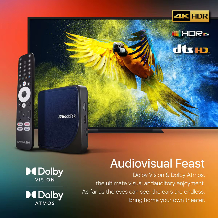 RockTek G2 Android 14 TV-Box 4K UHD Media Player mit Amlogic S905X4-K, 1000M DDR4, Netflix und Google-Zertifizierung, DTS Dolby Audio Vision, Schwarz - Bild 5