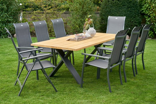 Hartman Xanadu Alice Comfort Garten-Essgruppe aus Aluminium und Teakholz in Anthrazit mit 6 Stapelsesseln und 2 Klappstühlen, Tisch B: 220 cm, T: 100 cm - Bild 1