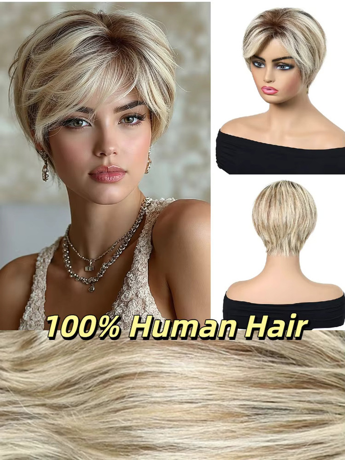 HAIRCUBE Pixie Cut Echthaar Perücke mit Pony, Natürliche Blonde Strähnen, 10 Zoll, Damen - Bild 3