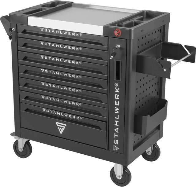 STAHLWERK Werkstattwagen Phoenix in Schwarz und Silber mit 260-teiligem Chrom-Vanadium-Werkzeug, abschließbar und rollbar mit Arbeitsplatte - Bild 1