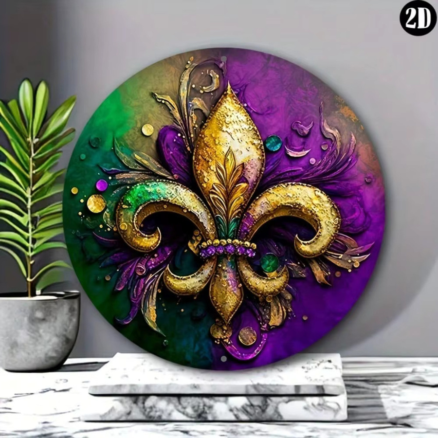 Rundes Fleur De Lis Mardi Gras Kranzschild aus Aluminium von Potdemiel in Lila zur Wanddekoration für Halloween und Weihnachten, Durchmesser: 20 cm - Bild 3