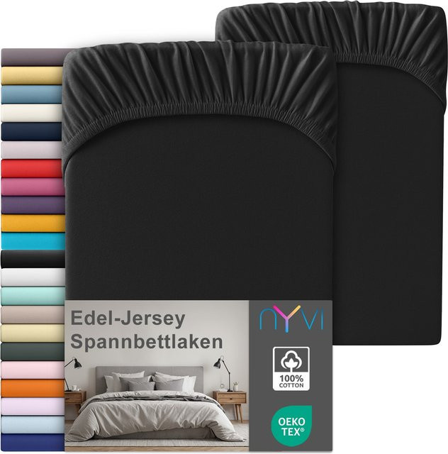 NYVI Edel Jersey Spannbettlaken Deluxe 2er Set aus 100% supergekämmter Baumwolle, Schwarz, B/T: 90-100 x 220 cm - Bild 1