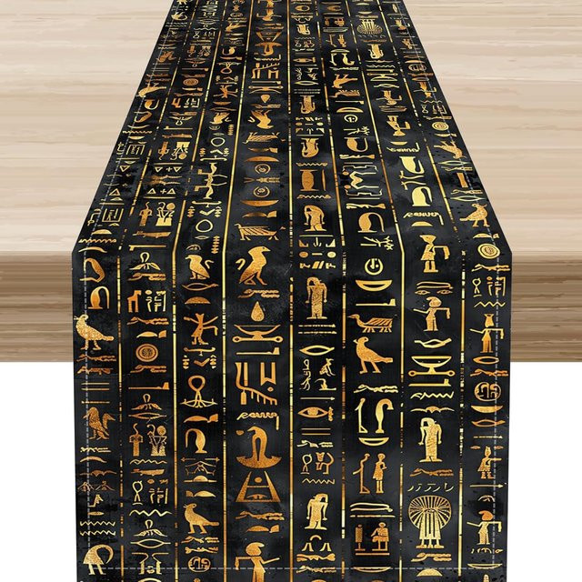 JMG Household Supplies Tischläufer aus Leinen mit ägyptischen Mythologie-Wandmalereien in Braun, B/L: 150 x 33 cm - Bild 1