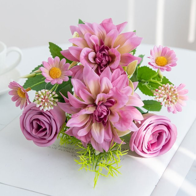 XIAOYINMO Künstliche Seidenblumen Dahlie und Rose in Pink für Hochzeiten, Dekoration und DIY-Projekte - Bild 1