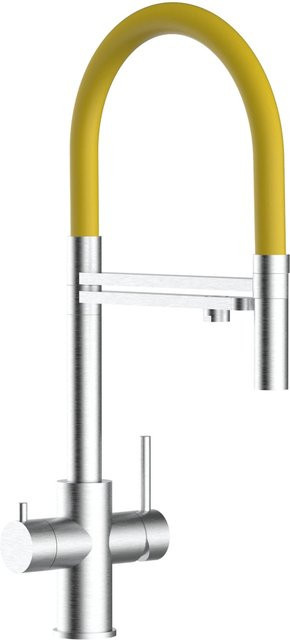 VIZIO Küchenarmatur aus Edelstahl mit 5-Wege-Wasserhahn, 360° schwenkbarem Auslauf und abnehmbarer 2-Strahl-Handbrause, gebürstet, Gelb/Silber - Bild 1