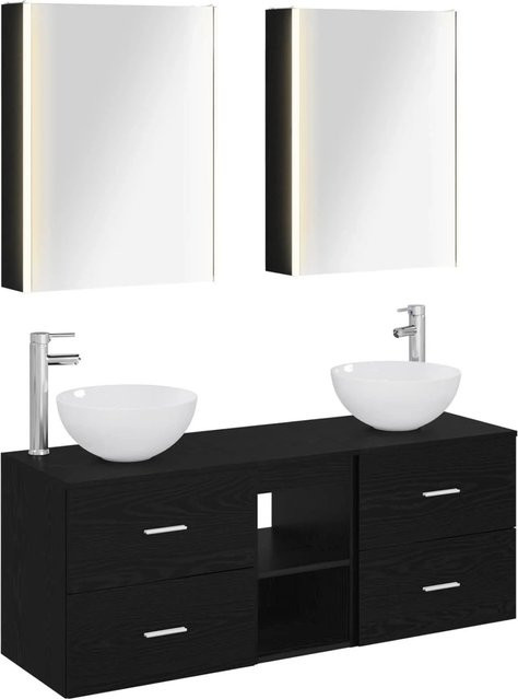vidaXL Badezimmermöbel-Set 5-teilig in Schwarz Eiche Matt mit Waschtischunterschrank, Spiegelschrank und Wandschränken sowie LED-Beleuchtung - Bild 1