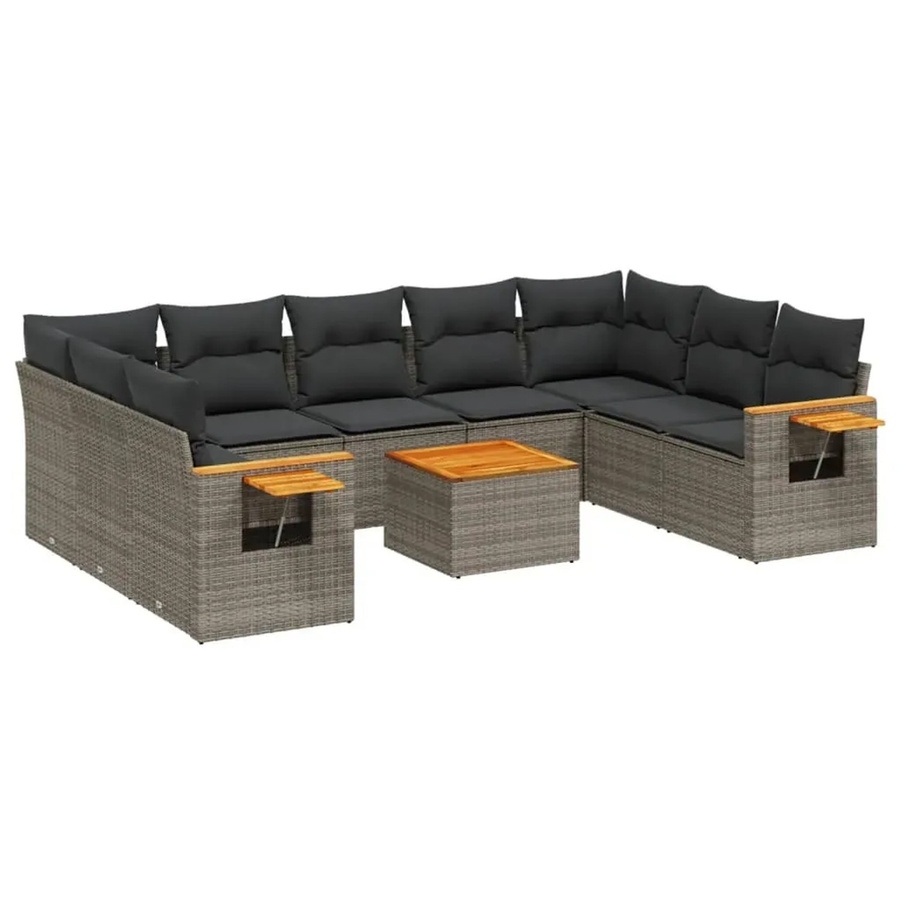 vidaXL 10-teilige Garten-Sofagarnitur aus Poly-Rattan und Akazienholz in Grau mit Kissen - Bild 2