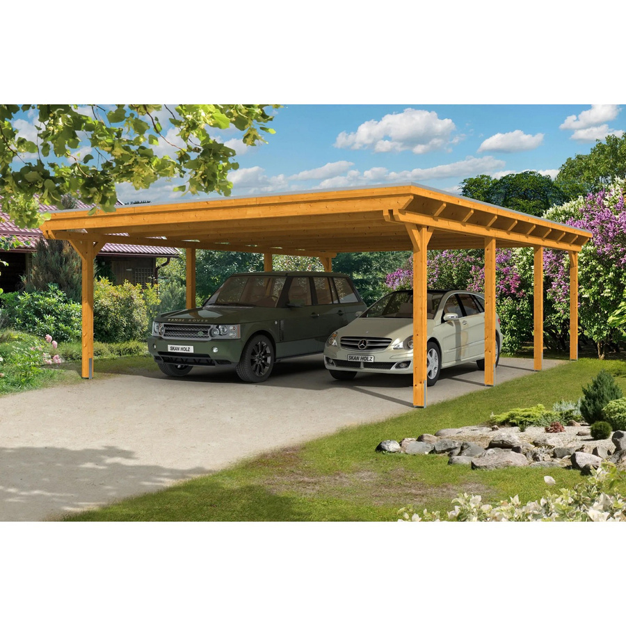 Skan Holz Carport Emsland aus Fichte Leimholz in Eiche Hell mit flacher Dachform und EPDM-Dach, Breite: 613 cm, Höhe: 248 cm - Bild 2