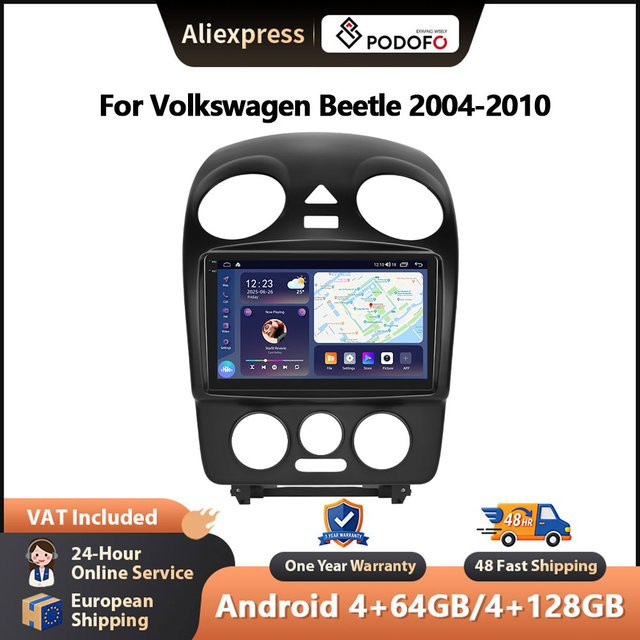 Podofo Auto-Radio für Volkswagen Beetle 2004-2010 mit kabellosem CarPlay, Android Auto, WIFI und GPS in Schwarz - Bild 1