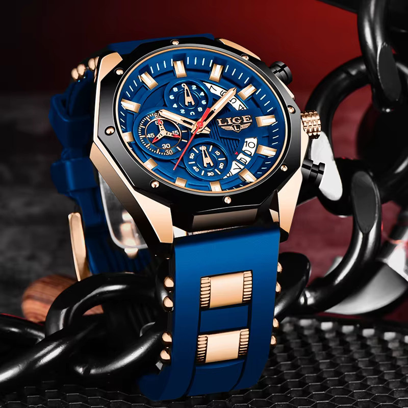 LIGE Armbanduhr Chronograph, Quarz, Silikon, Schwarz, Herren - Bild 3