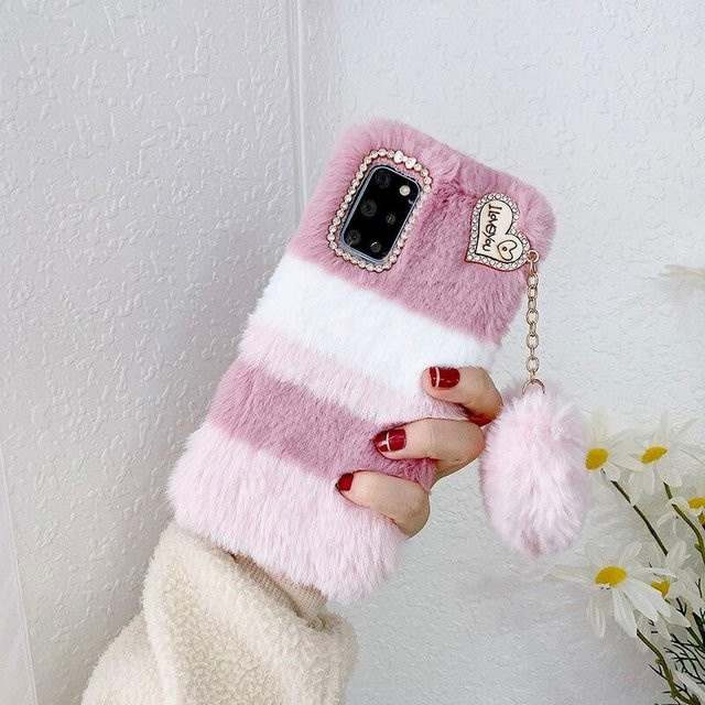 Plüsch Handyhülle mit Herz-Anhänger und Kaninchen-Design für Samsung Galaxy und iPhone in Weiß - Bild 1