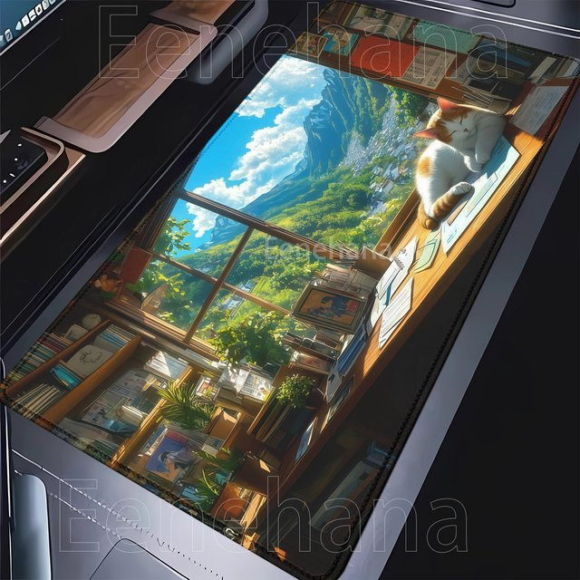 Eenehana Mauspad mit Landschaft Berg Sonnenuntergang und Cartoon Katze, rutschfeste Schreibtischunterlage für PC und Gaming, B/T: 90 x 40 cm, Multicolor - Bild 1