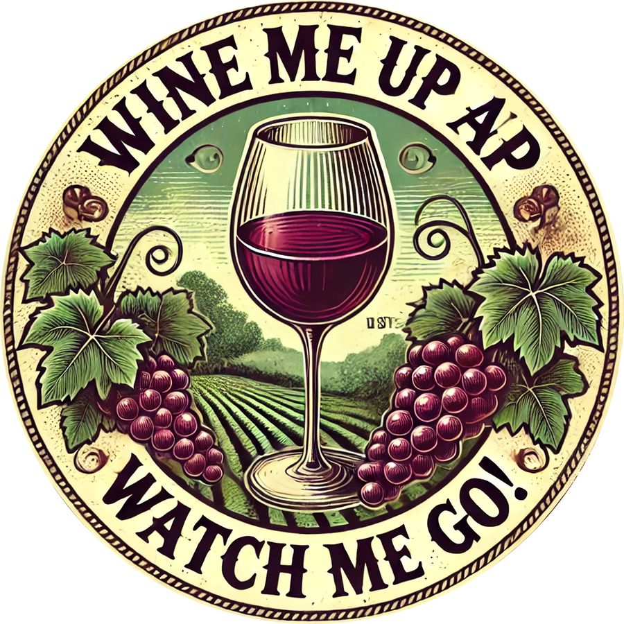 Rundes Wandschild aus Aluminium von Potdemiel im Vintage-Stil mit Weinglas Motiv Wine Me Up Watch Me Go - Bild 3