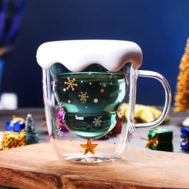 YWDL Weihnachtsbaum Kaffeetasse aus Glas mit Deckel, doppelwandige isolierte Teetasse und Milchbecher - Bild 1