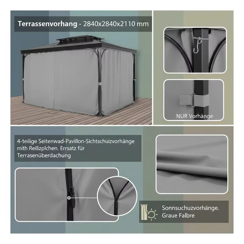Curvain Patio 4-teiliges Set Seitenwand-Pavillon-Sichtschutzvorhänge mit Reißverschlüssen als Sonnenschutz für Terrassendächer, Grau, B/T/H: 284 x 284 x 211 cm - Bild 4