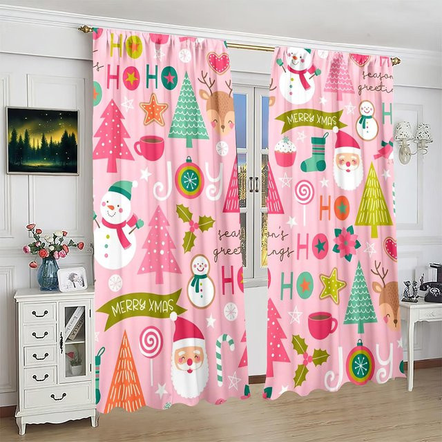 2er-Set Vorhänge mit Weihnachtsdruck aus Polyester in Pink, semi-transparent, B: 76,2 cm, H: 165,1 cm - Bild 1