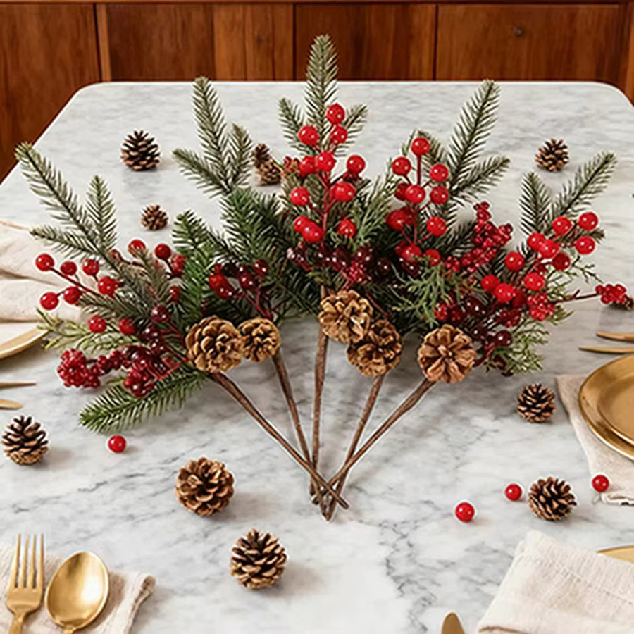 XIAOYINMO Künstliche Pflanzen mit roten Früchten als Dekorationszweige für Weihnachten, Neujahr, Hochzeiten oder den Garten in Rot - Bild 4