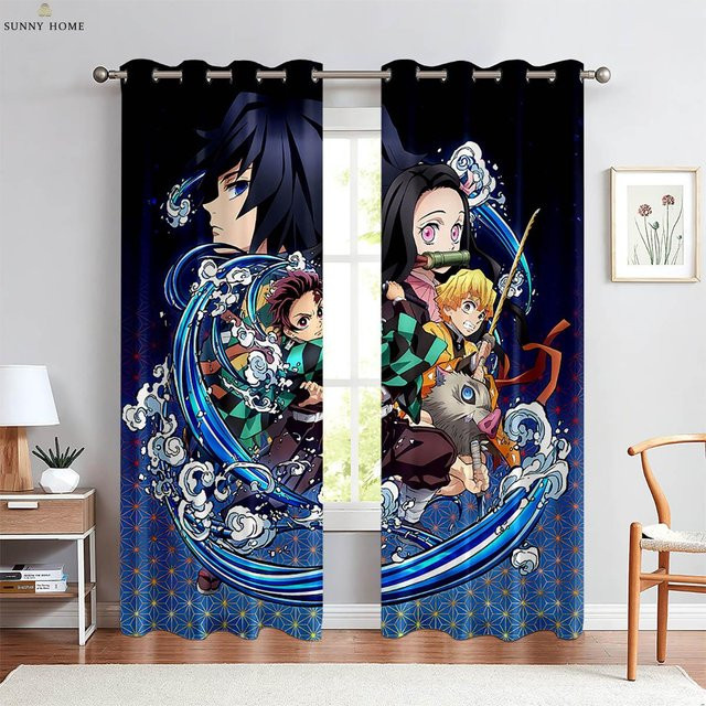 Yiran Furniture Dekorative Anime Cartoon Vorhänge mit Japanischem Comic-Print, 2er-Set, Blau, Breite: 110 cm, Höhe: 240 cm - Bild 1