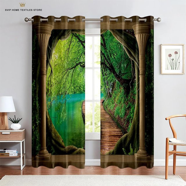 Zweierpack semi-transparente Fenstervorhänge mit Waldwasserfall-Motiv in Grün, Naturlandschaft-Design mit Ösen, B: 50 cm, H: 130 cm - Bild 1